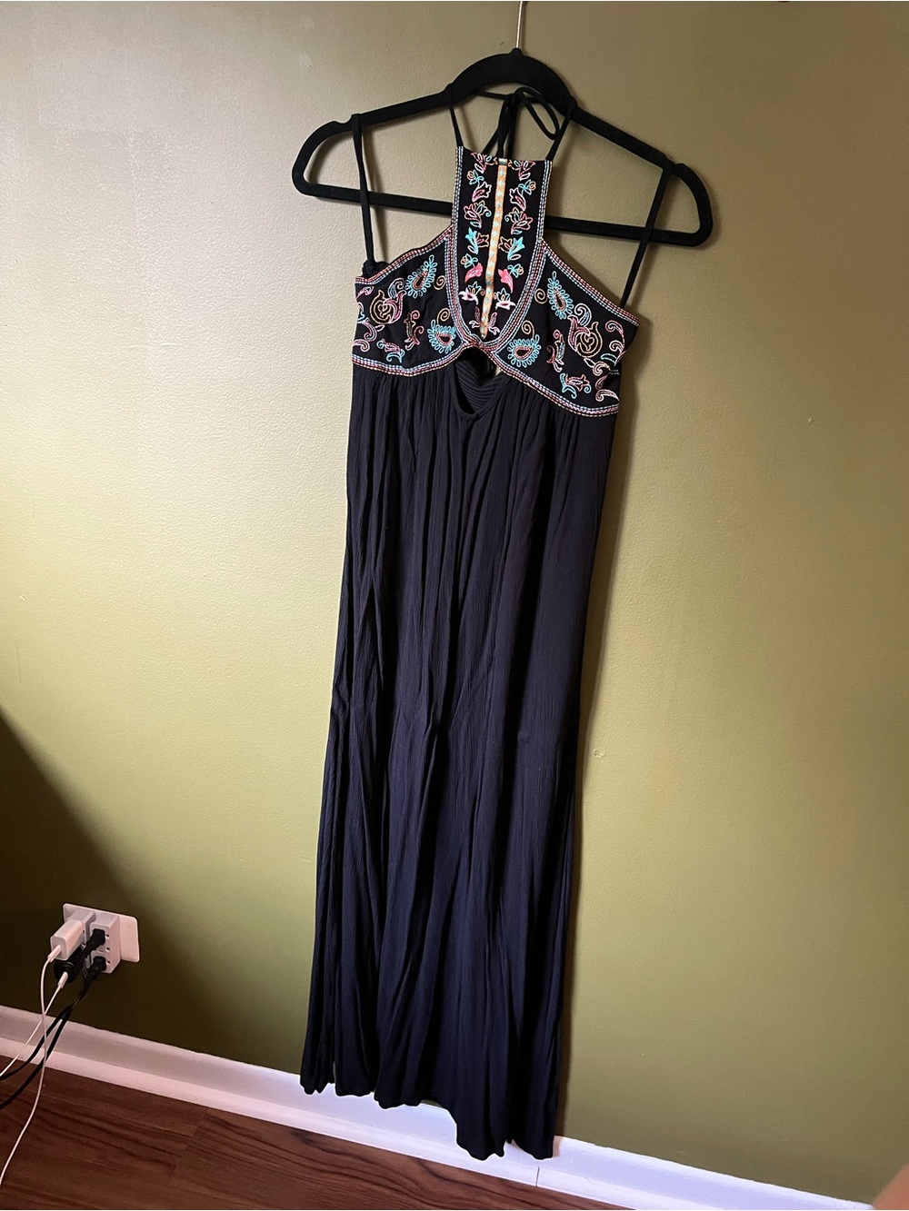 Earthbound Black Embroidered Halter Maxi Dress